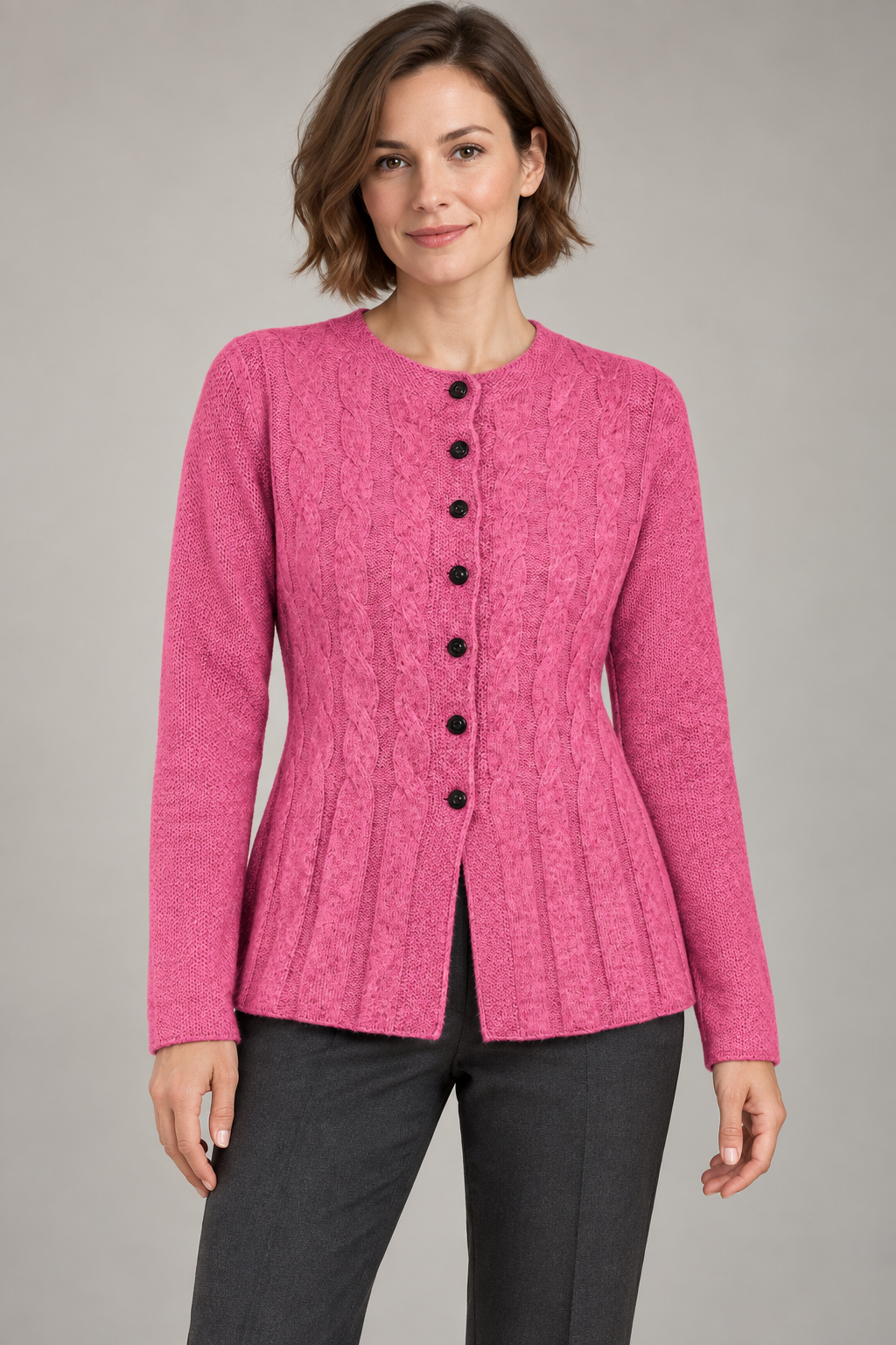 Women's rose red knit cardigan studio view