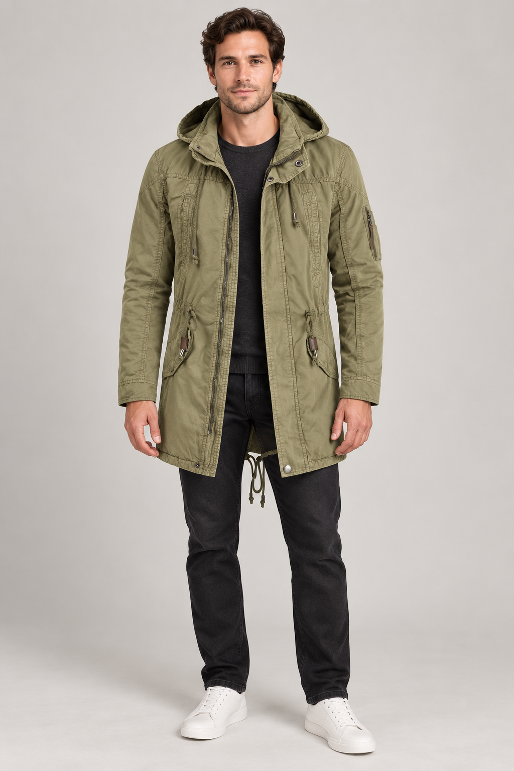 Men's Drawstring Hooded Parka — Sage studio hero