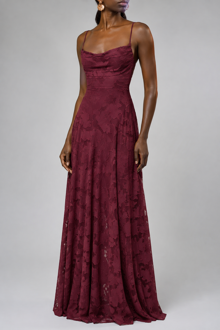 Burgundy lace A-line maxi dress — waist aline detail
