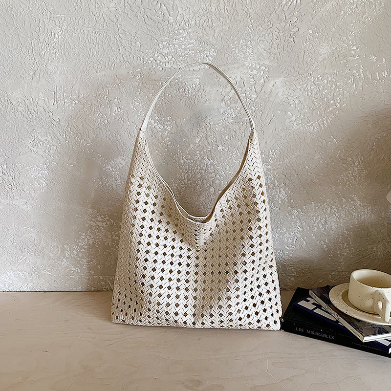 Women's Hollow Woven Bucket Tote Bag | PU Leather Magnetic Clasp Handbag