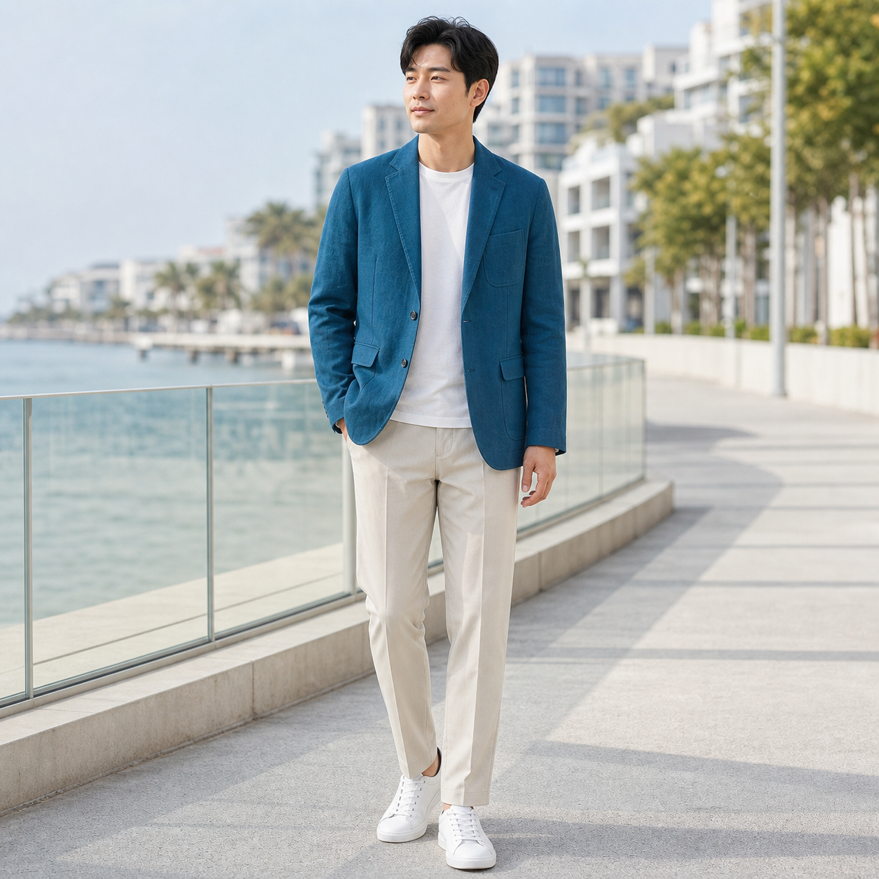 Different model wearing peacock blue cotton linen unstructured blazer