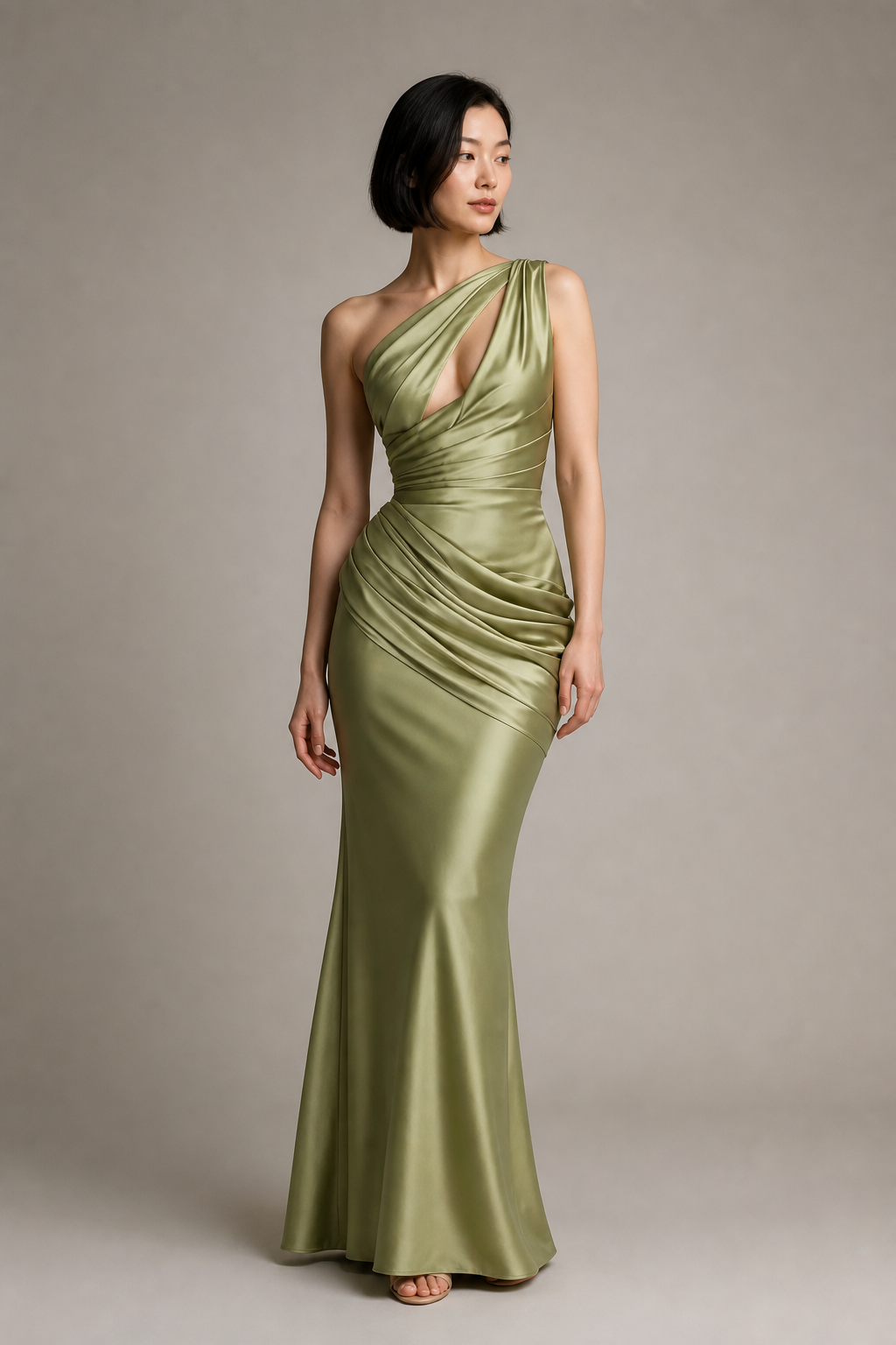 Green one-shoulder mermaid gown studio hero