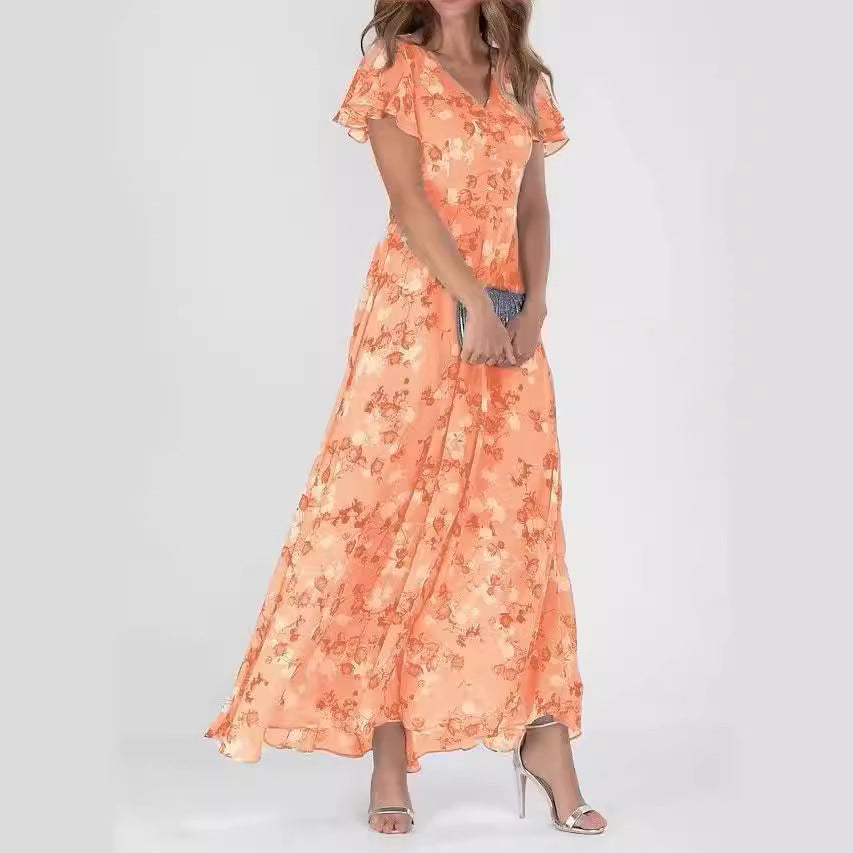 Women's Chiffon Floral Print Ruffle Maxi Dress | V-Neck Short Sleeve Summer Dress
