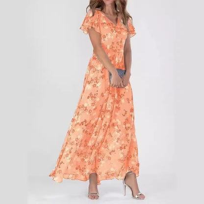 Women's Chiffon Floral Print Ruffle Maxi Dress | V-Neck Short Sleeve Summer Dress