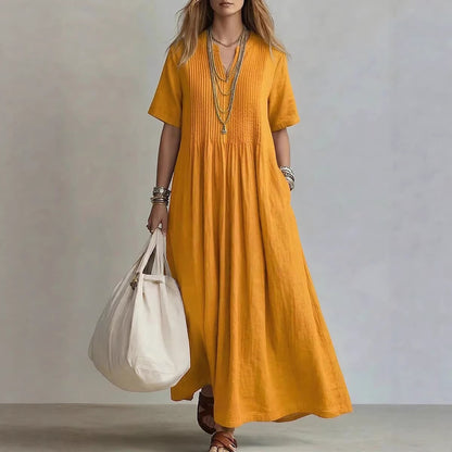 Women's Cotton Linen V-Neck Maxi Dress | Boho Casual Summer Dress
