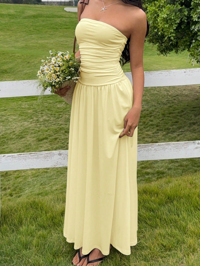 Women's Sleeveless Ruched Tube Maxi Dress | Elastic Slim Fit Bodycon Dress