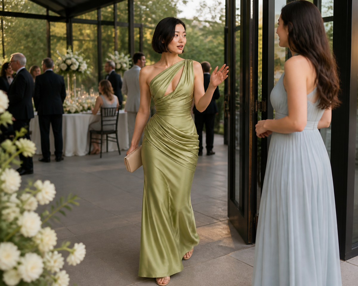 Green one-shoulder mermaid gown wedding guest