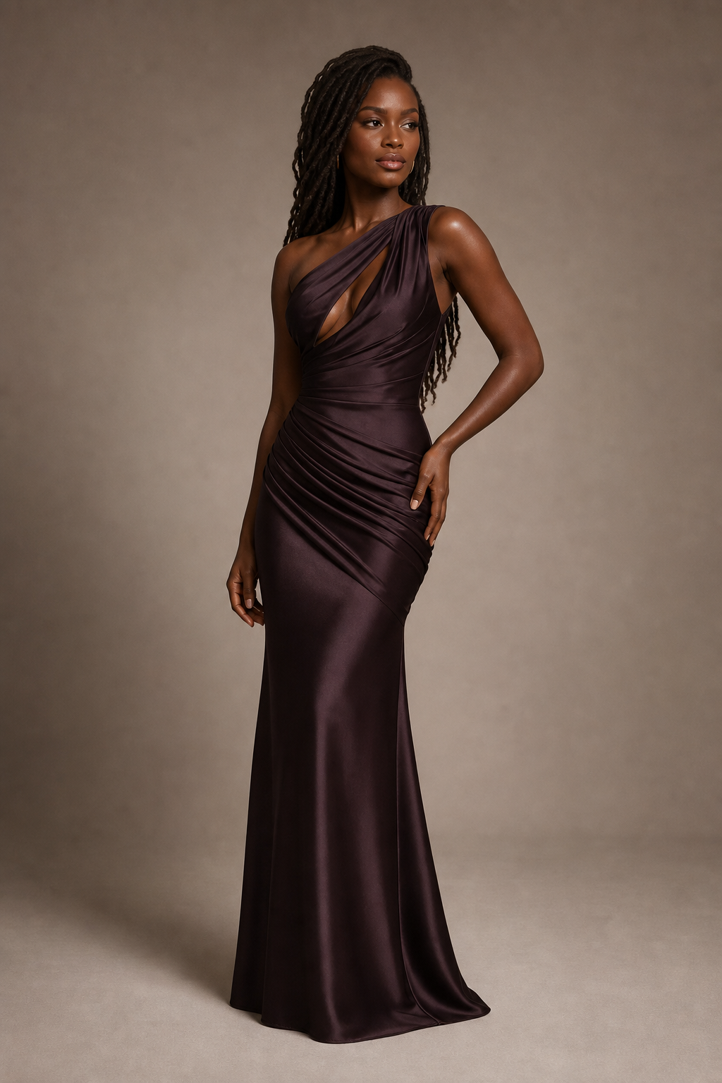 Dark Brown one-shoulder mermaid gown studio hero