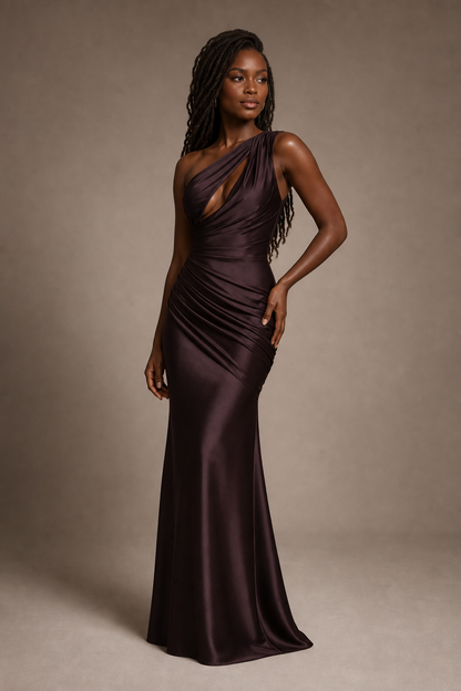 Dark Brown one-shoulder mermaid gown studio hero