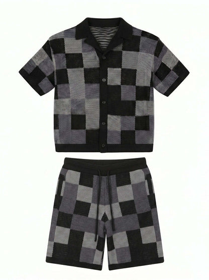 Men's Checkered Jacquard Shirt & Shorts Set | Relaxed Summer Co-Ord