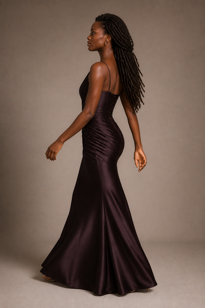 Dark Brown one-shoulder mermaid gown rear view