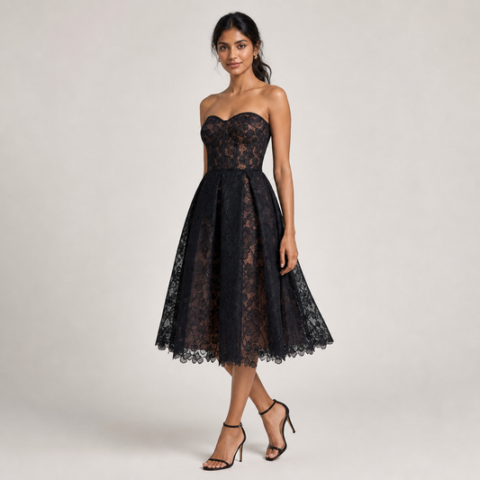 AuraX black strapless floral lace midi dress studio hero