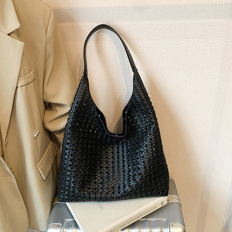 Women's Hollow Woven Bucket Tote Bag | PU Leather Magnetic Clasp Handbag