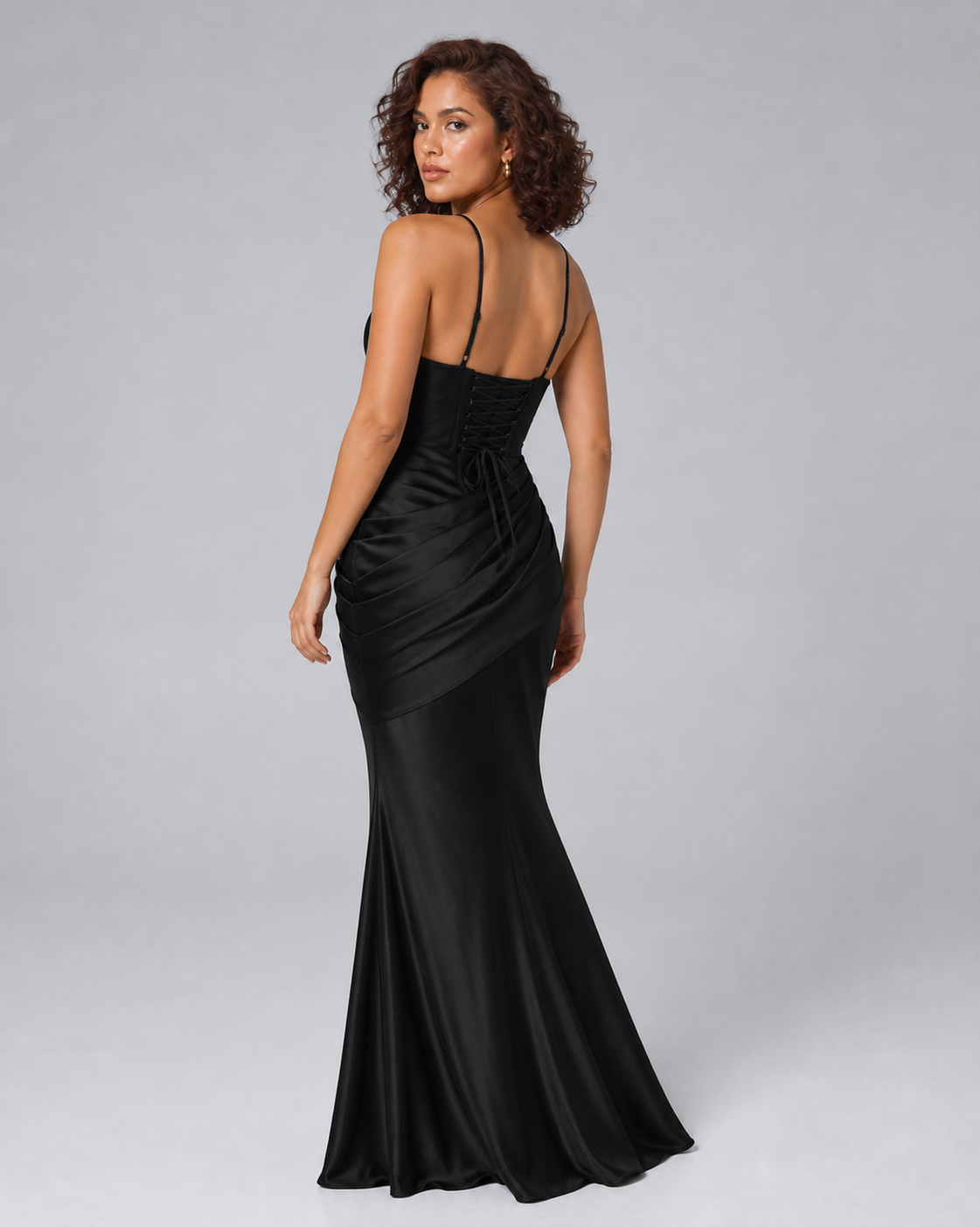 Black one-shoulder mermaid gown rear view