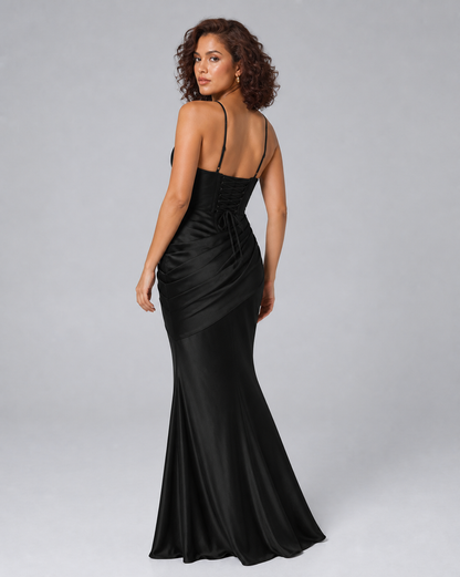 Black one-shoulder mermaid gown rear view