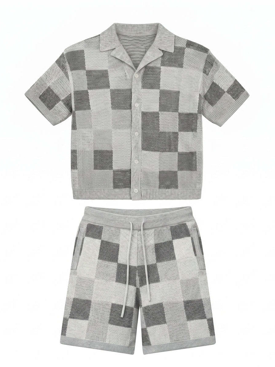 Men's Checkered Jacquard Shirt & Shorts Set | Relaxed Summer Co-Ord