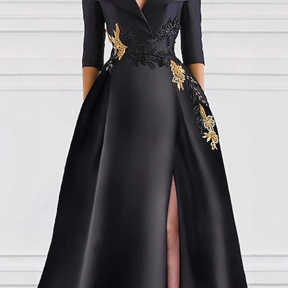 Women's V-Neck Long Sleeve High Slit Evening Gown | A-Line Formal Maxi Dress