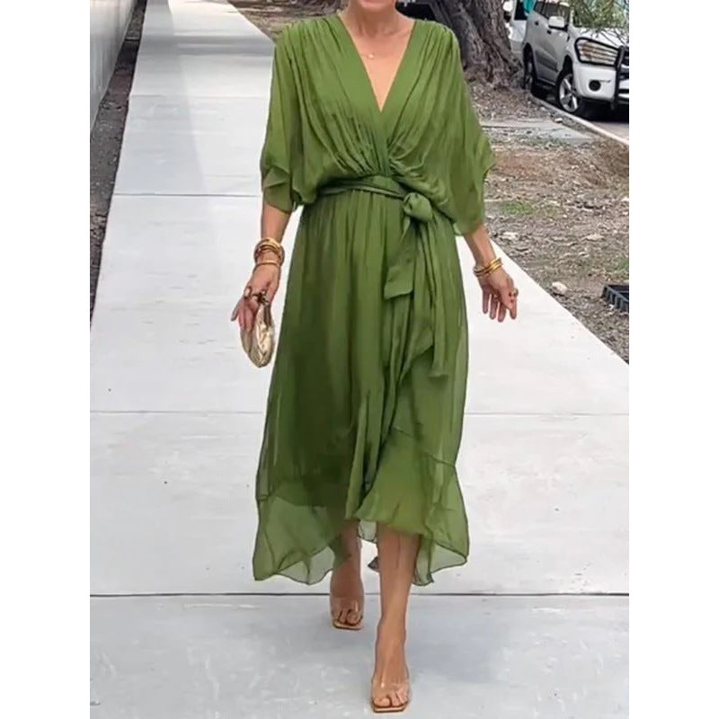 Women's Bat Sleeve V-Neck Chiffon Maxi Dress | High Waist Irregular Hem