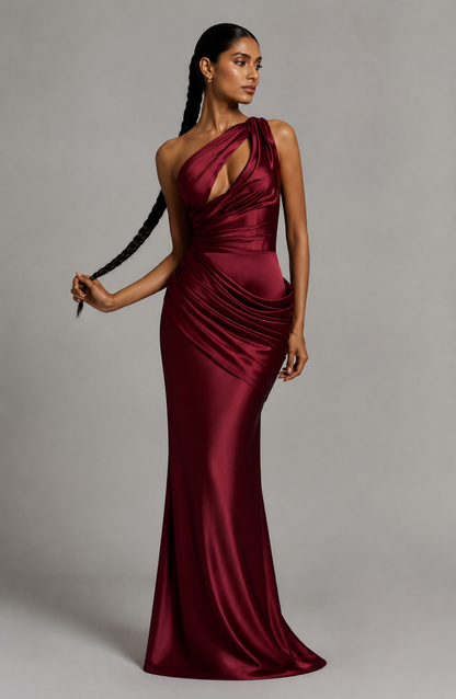 Red one-shoulder mermaid gown studio hero