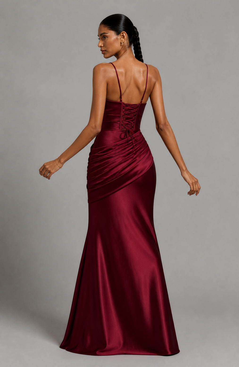 Red one-shoulder mermaid gown rear view