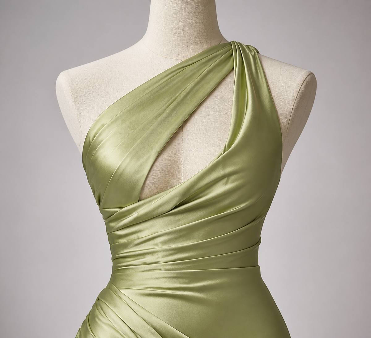 One-shoulder gown bodice construction detail