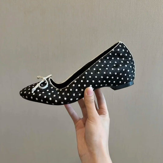 Women's Polka Dot Bow Mary Jane Flats | Mid Heel Round Toe PU Dress Shoes