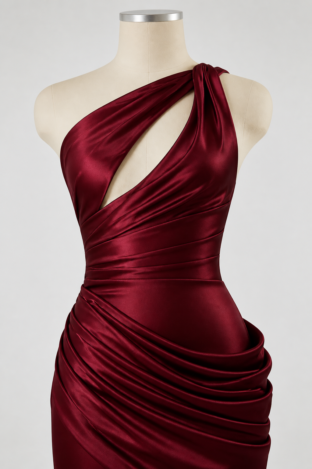 One-shoulder gown cutout and gathering detail