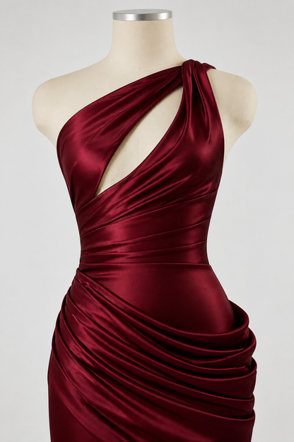 One-shoulder gown cutout and gathering detail