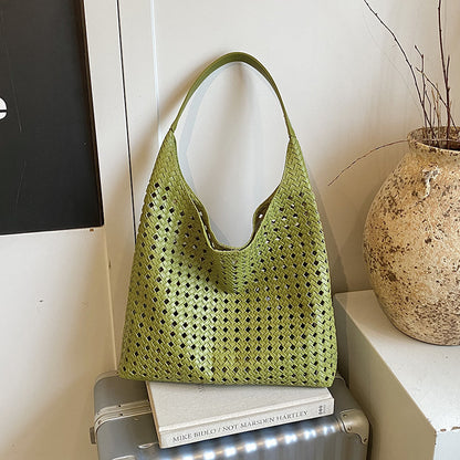 Women's Hollow Woven Bucket Tote Bag | PU Leather Magnetic Clasp Handbag