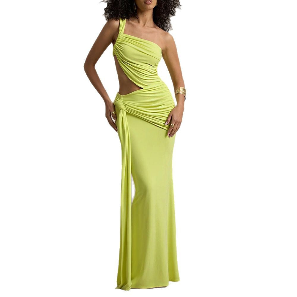 Women's One-Shoulder Ruched Backless Maxi Dress | Sleeveless Evening Gown