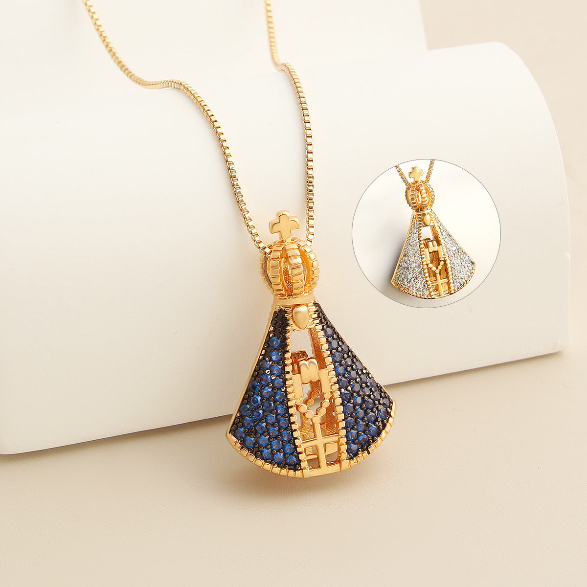 Double-Sided Zircon Cross Pendant Necklace | Colorful Madonna Copper Jewelry