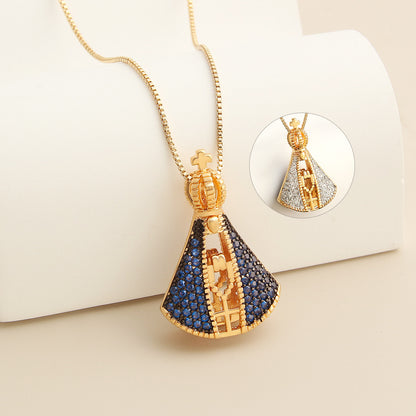 Double-Sided Zircon Cross Pendant Necklace | Colorful Madonna Copper Jewelry