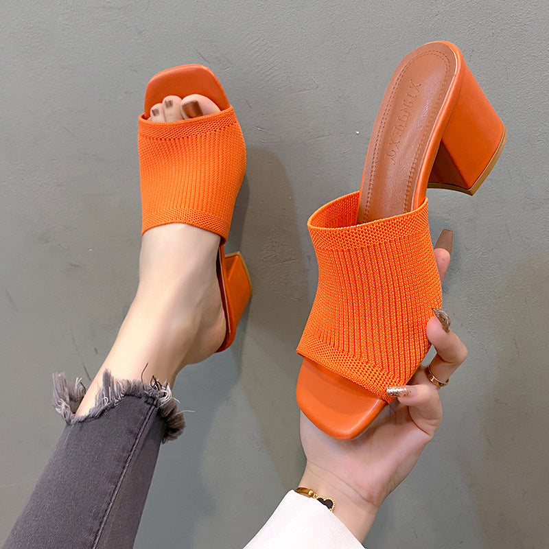 Women's Open Toe Knit Block Heel Sandals | Chunky Wedge Slip-On Heels