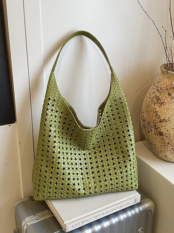 Women's Hollow Woven Bucket Tote Bag | PU Leather Magnetic Clasp Handbag