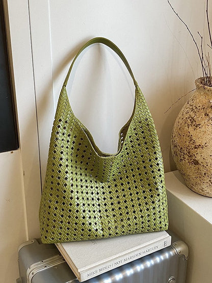 Women's Hollow Woven Bucket Tote Bag | PU Leather Magnetic Clasp Handbag