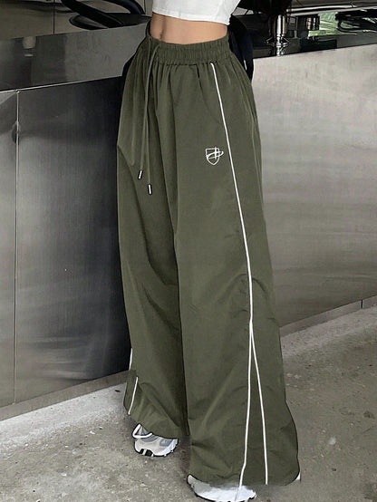 Women's Wide Leg Striped Casual Track Pants | Cotton Blend Streetwear Trousers