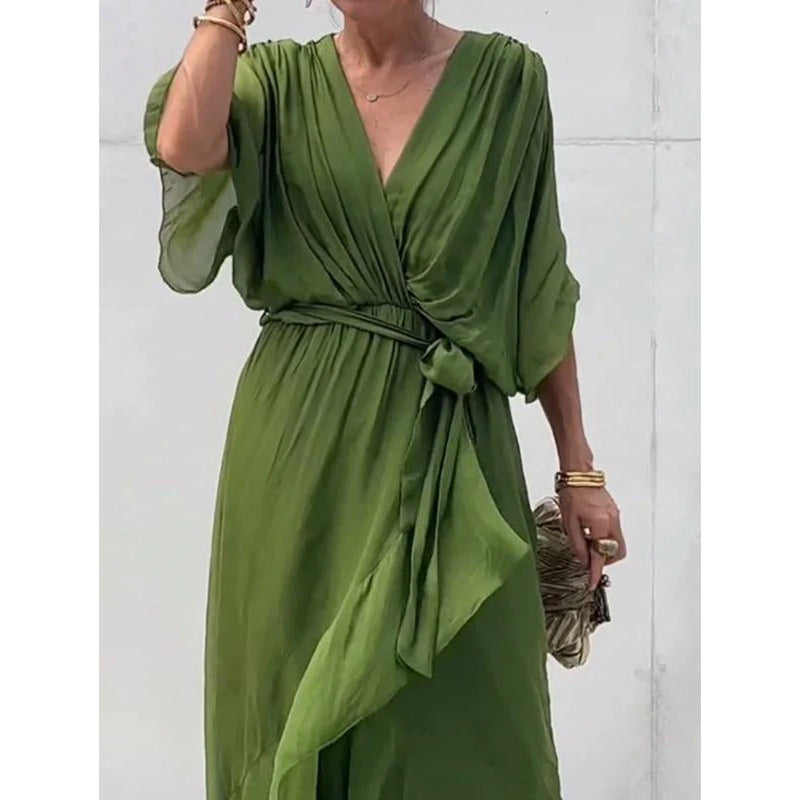 Women's Bat Sleeve V-Neck Chiffon Maxi Dress | High Waist Irregular Hem