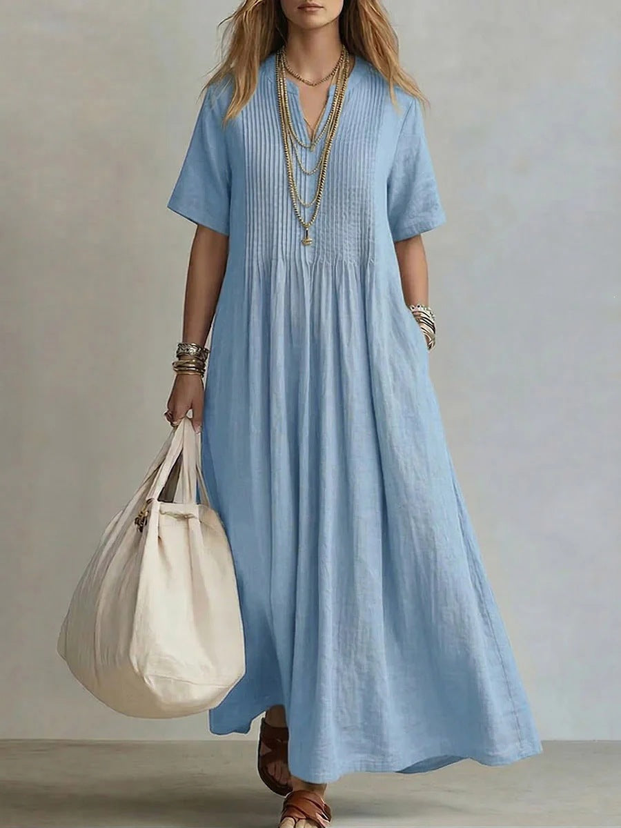 Women's Cotton Linen V-Neck Maxi Dress | Boho Casual Summer Dress