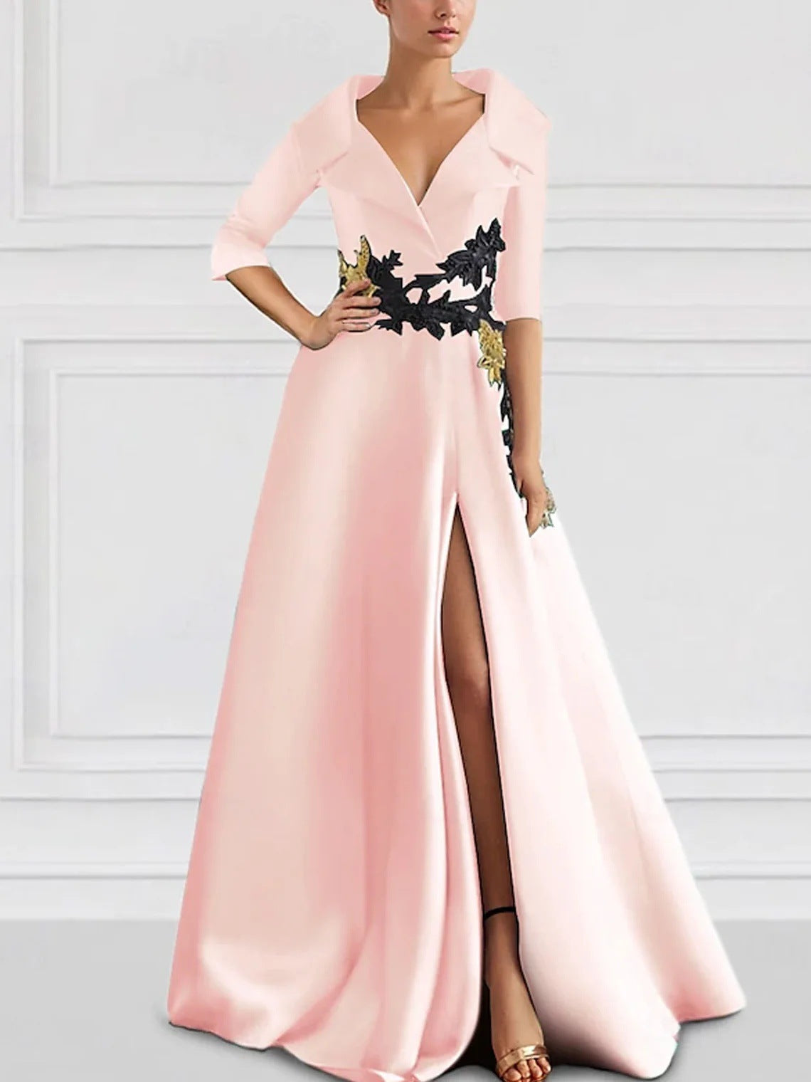 Women's V-Neck Long Sleeve High Slit Evening Gown | A-Line Formal Maxi Dress
