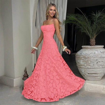 Women's Lace A-Line Evening Gown | Backless Spaghetti Strap Formal Maxi Dress