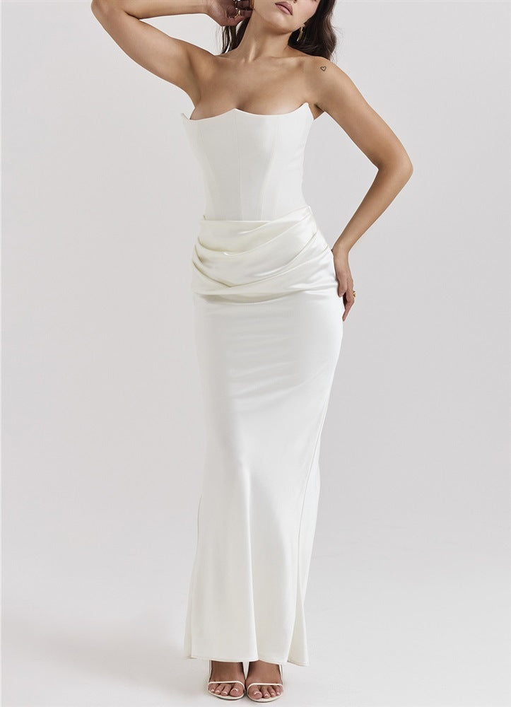 Women's One Shoulder Pleated Bodysuit Dress | Structured Formal Evening Gown