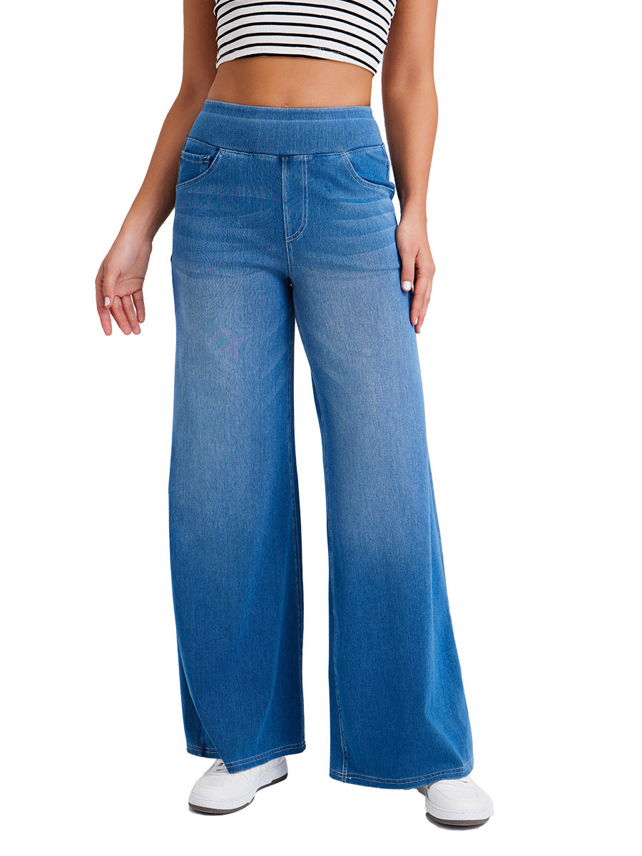 Women's High Waist Wide Leg Stretch Jeans | Pull-On Casual Denim Pants