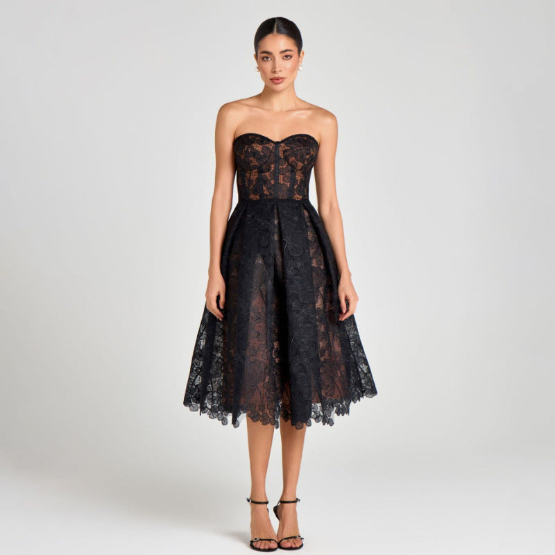 Women's Strapless Lace Tube Top Midi Dress | A-Line Chiffon Dress