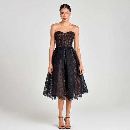 Women's Strapless Lace Tube Top Midi Dress | A-Line Chiffon Dress