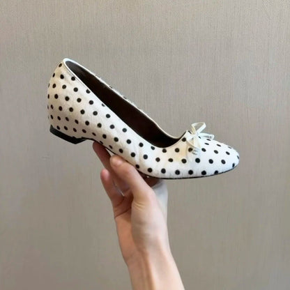 Women's Polka Dot Bow Mary Jane Flats | Mid Heel Round Toe PU Dress Shoes