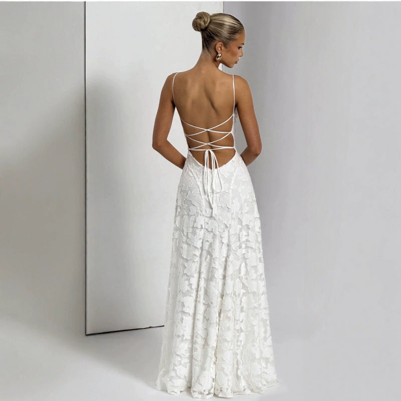 Women's Lace A-Line Evening Gown | Backless Spaghetti Strap Formal Maxi Dress