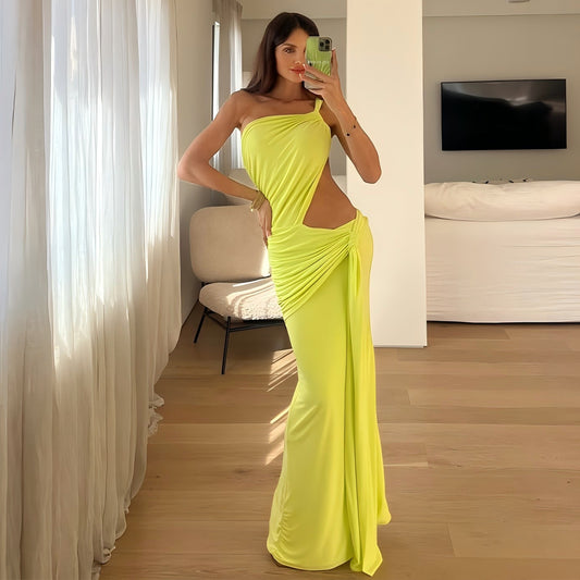 Women's One-Shoulder Ruched Backless Maxi Dress | Sleeveless Evening Gown