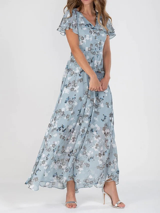 Women's Chiffon Floral Print Ruffle Maxi Dress | V-Neck Short Sleeve Summer Dress
