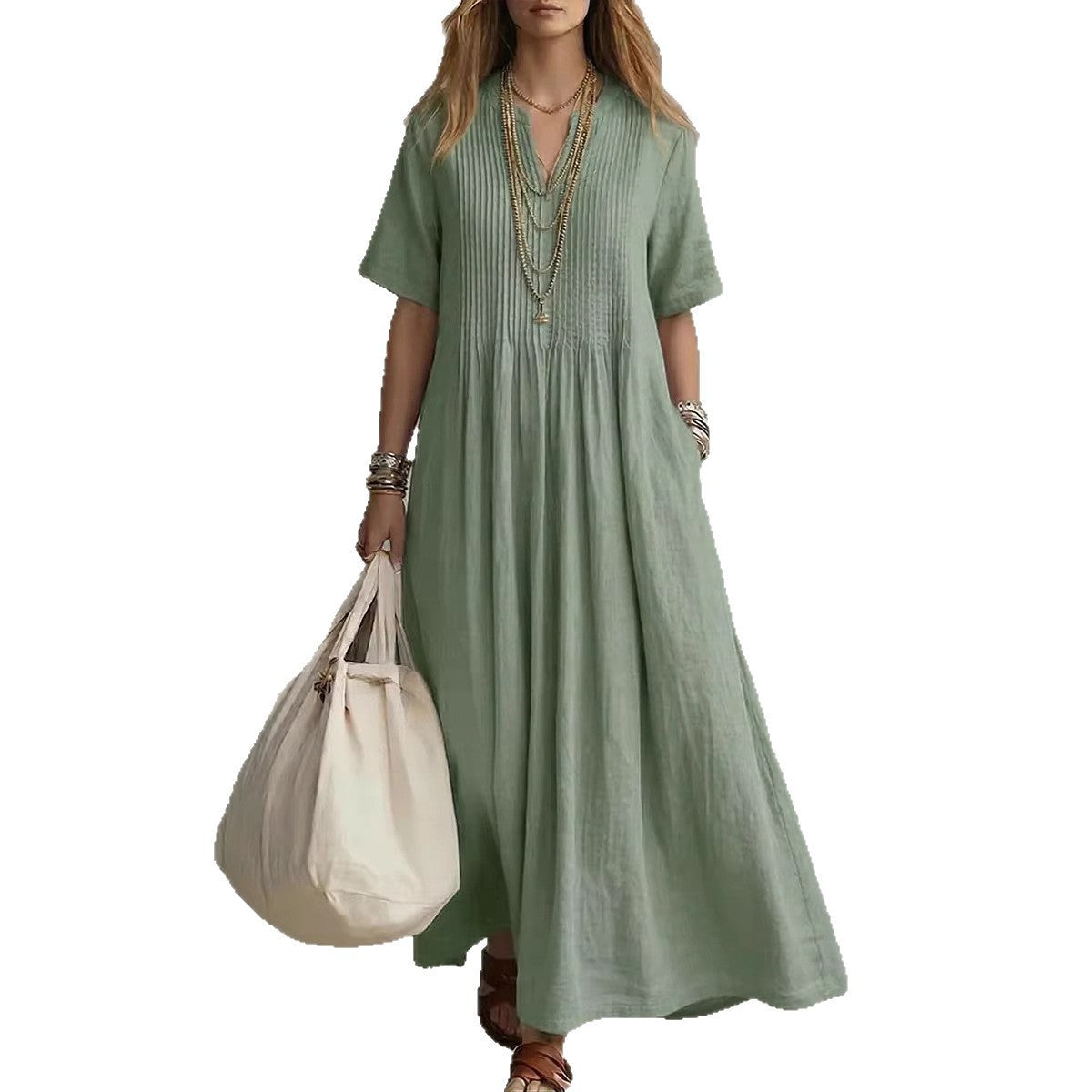 Women's Cotton Linen V-Neck Maxi Dress | Boho Casual Summer Dress