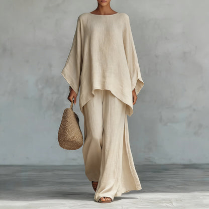 Women's Cotton Linen Wide Leg Pants & Top Set | Casual Resort Suit